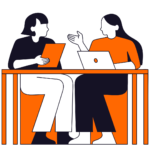 Two business professionals discussing documents at a table with a laptop, representing import and export consultation.