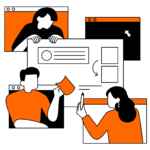Team collaborating on a project with documents and screens, representing flexible and tailored sourcing solutions.