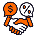 Two hands shaking with speech bubbles showing a dollar sign and a percent sign, representing price and minimum order quantity negotiations.
