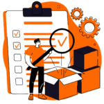 Person checking a clipboard with a magnifying glass, boxes, and gears, representing follow-up on production schedules and order tracking.