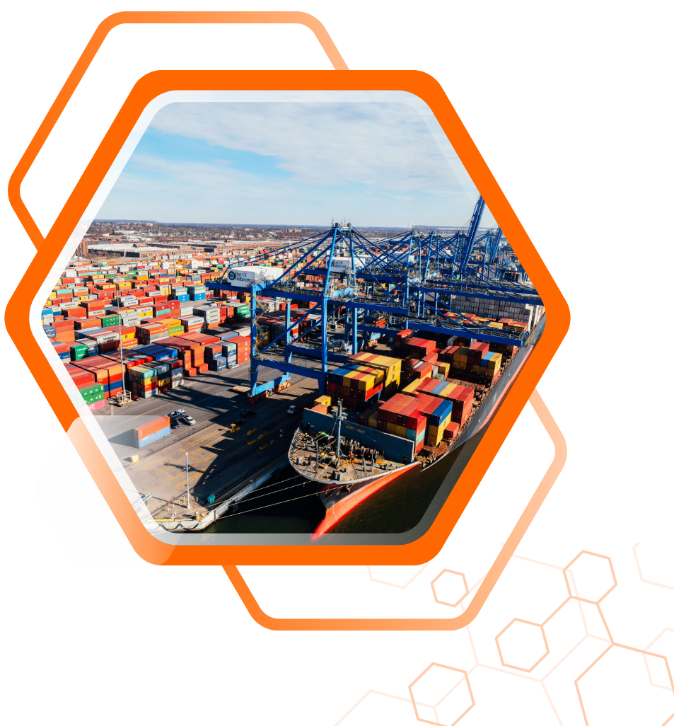 A busy port with colorful shipping containers and cranes, representing international logistics and global trade solutions in China sourcing services.