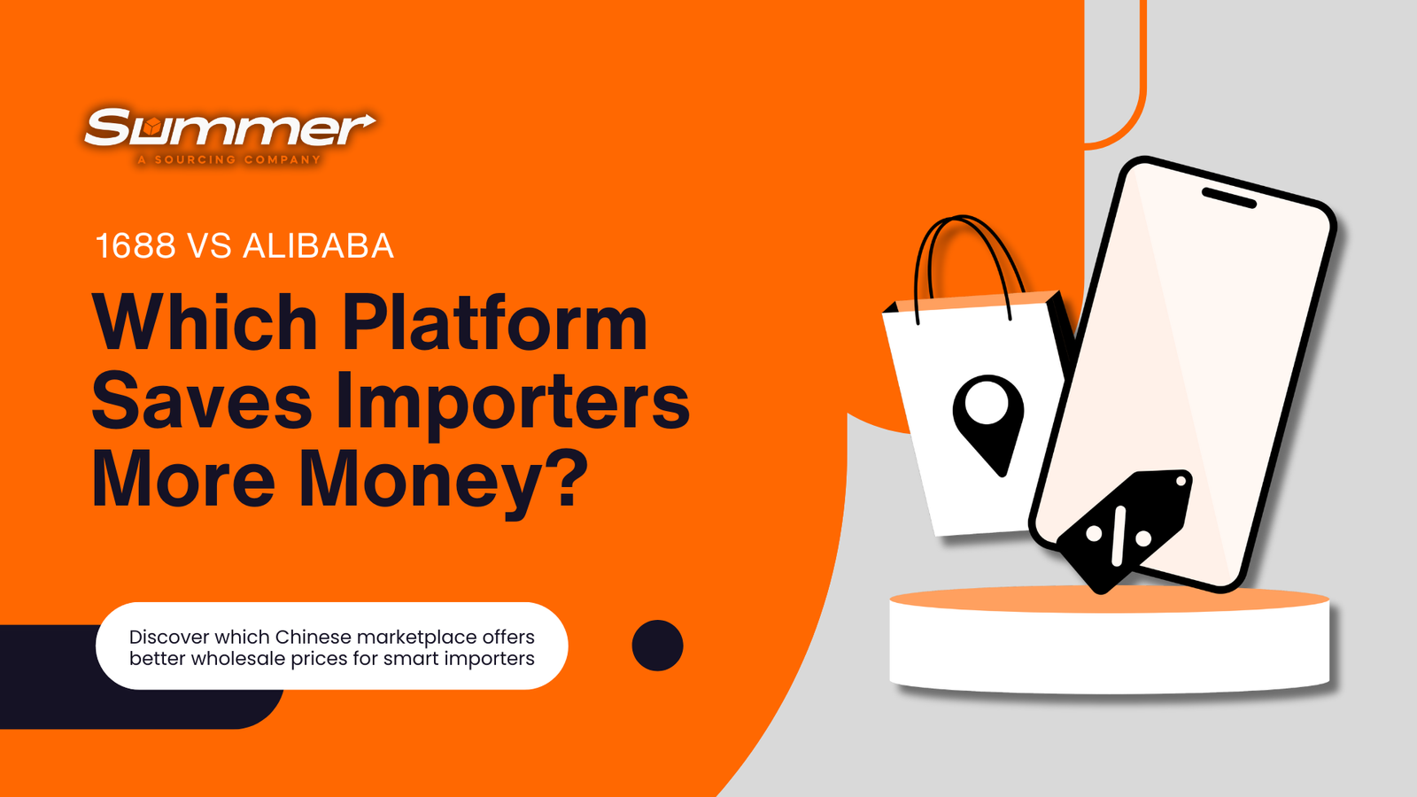 Professional infographic comparing 1688 vs Alibaba platforms asking which saves importers more money, featuring Summer Sourcing Company branding