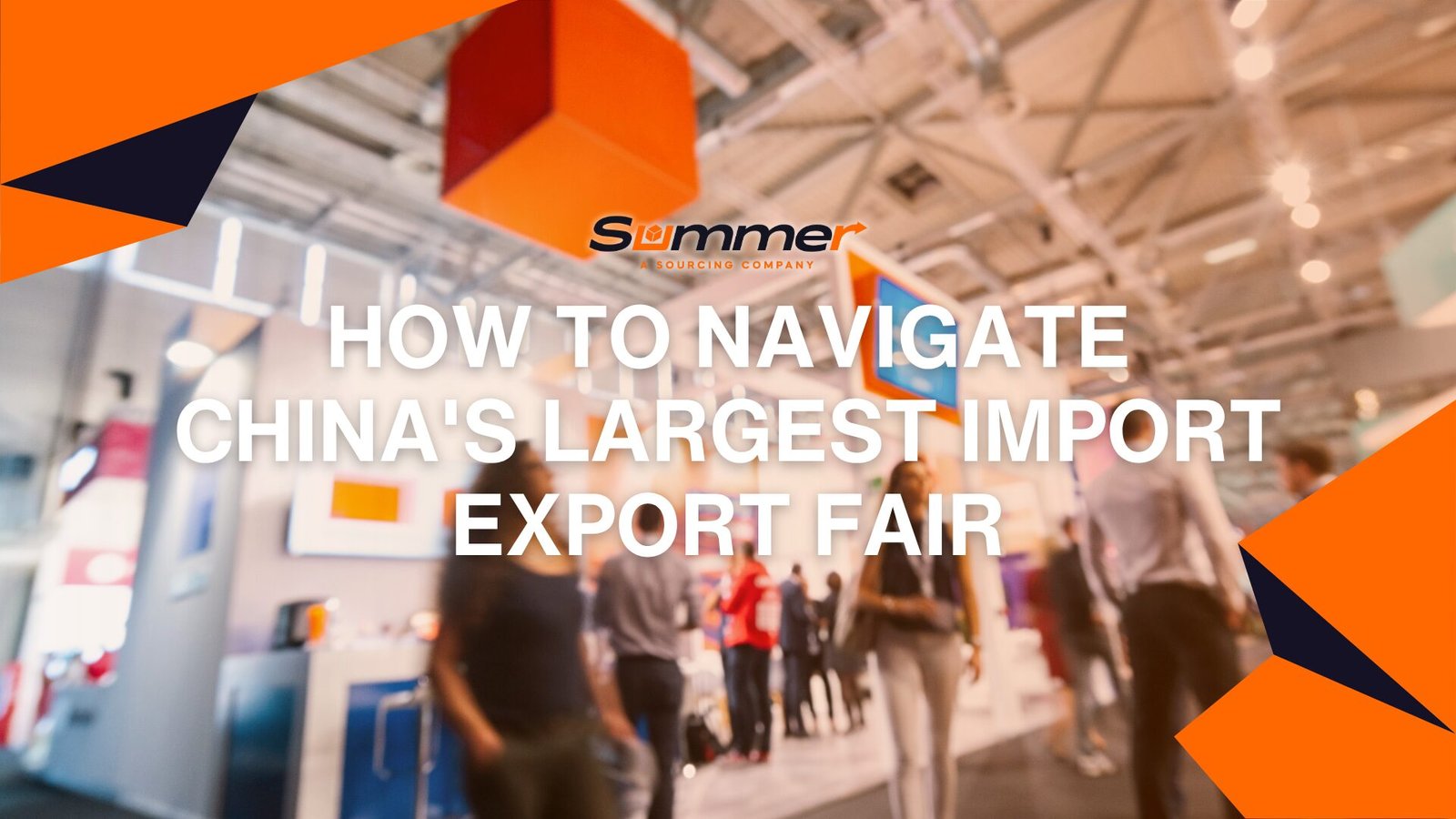 Busy trade show hall at China import export fair with attendees walking between colorful exhibition booths and displays