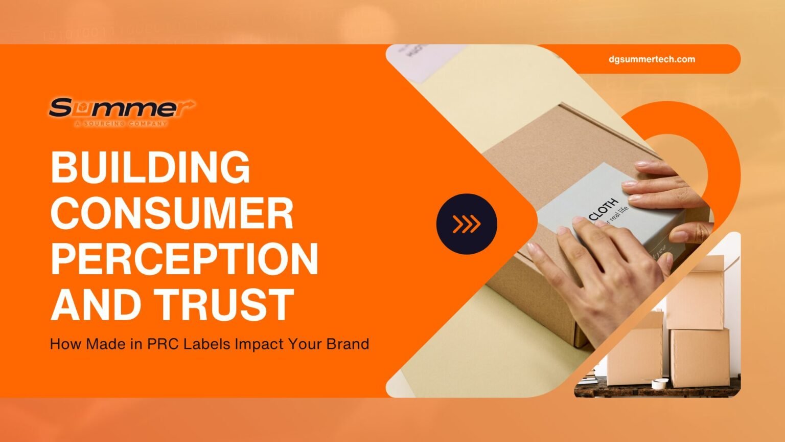 Professional packaging design showing hands placing made in PRC labeled products in branded boxes to build consumer trust and perception