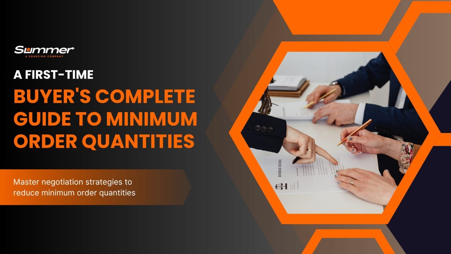 Business professionals discussing MOQ meaning and minimum order quantity negotiations during a contract meeting with documents on table