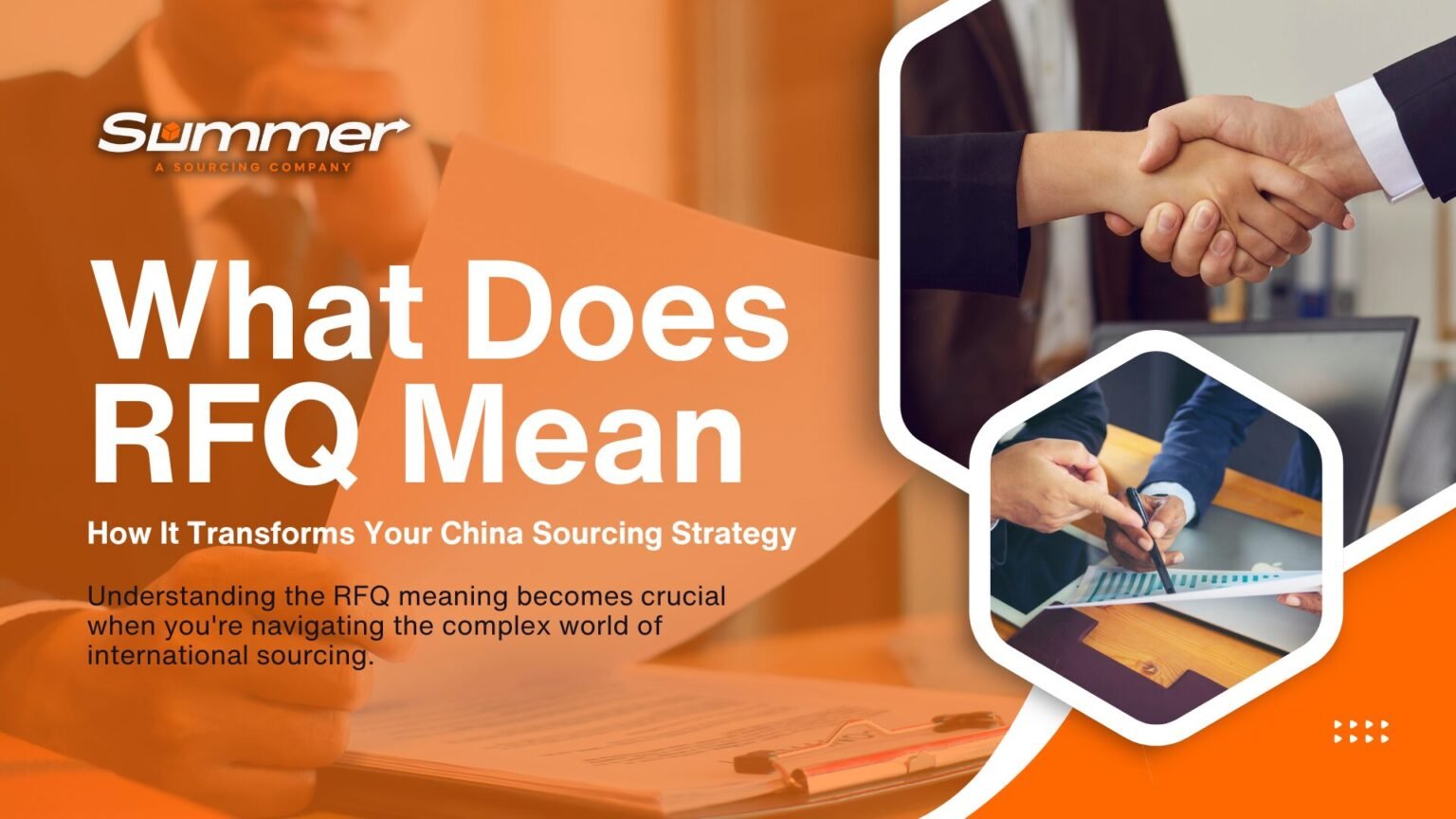 What Does RFQ Mean infographic showing business handshake and sourcing strategy for China procurement services