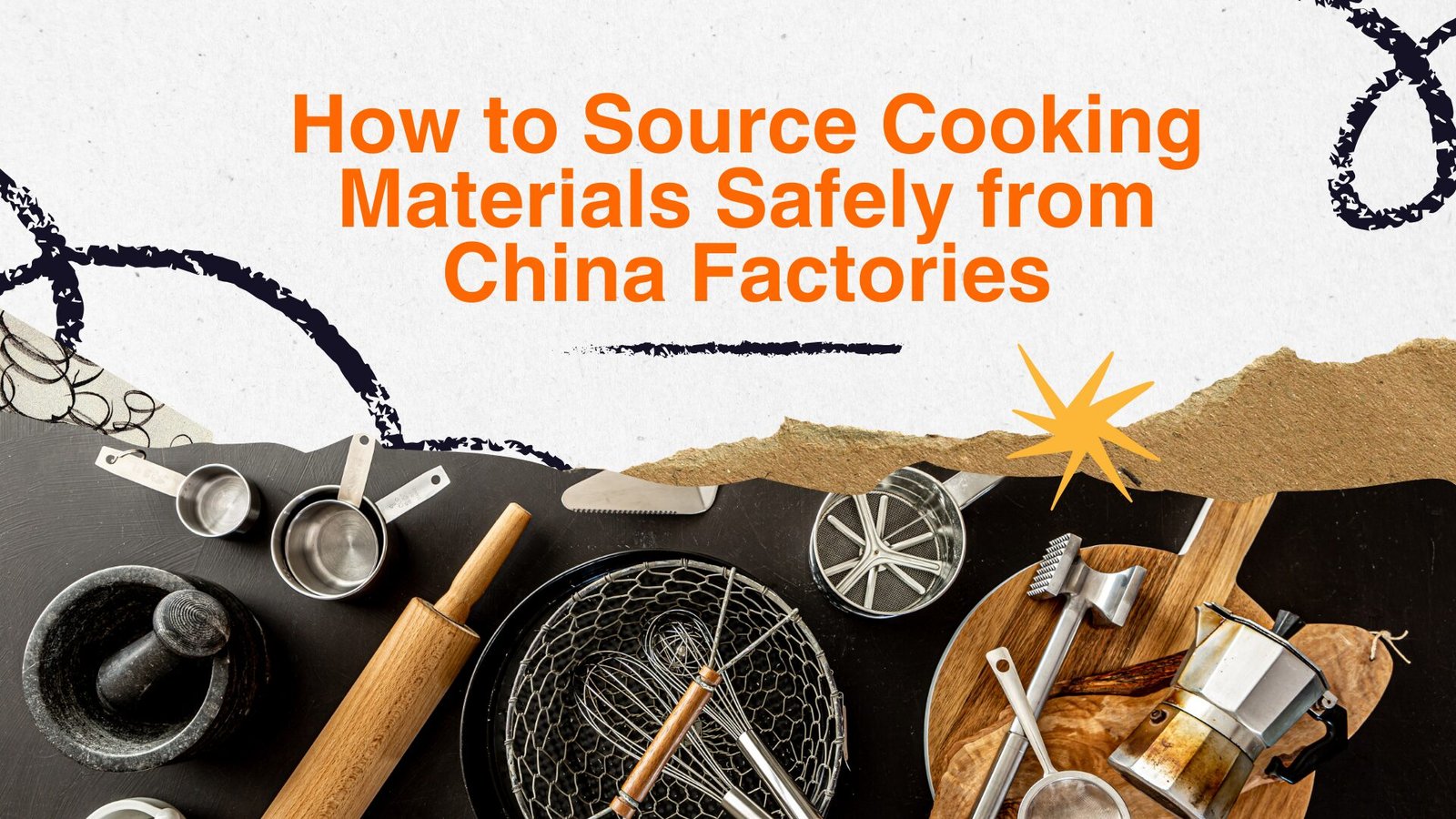 Various cooking materials and kitchenware tools displayed on dark surface illustrating safe sourcing from China factories