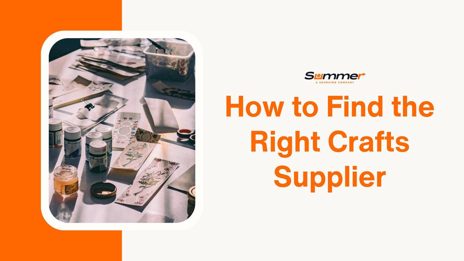 Organized crafts supplier workspace with paint containers, brushes, and decorative materials for arts and crafts sourcing