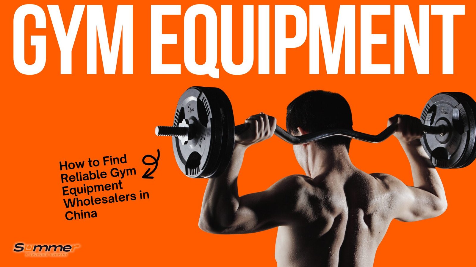Muscular man lifting dumbbells with text "How to Find Reliable Gym Equipment Wholesalers in China" on orange background, representing commercial gym equipment sourcing options.