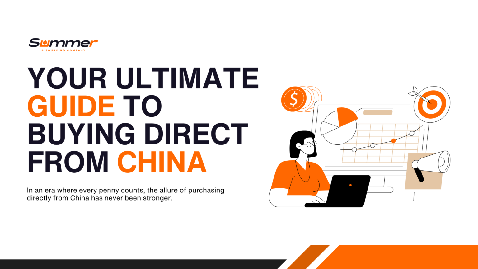 Ultimate guide to buying direct from China featuring business analytics and cost savings visualization.
