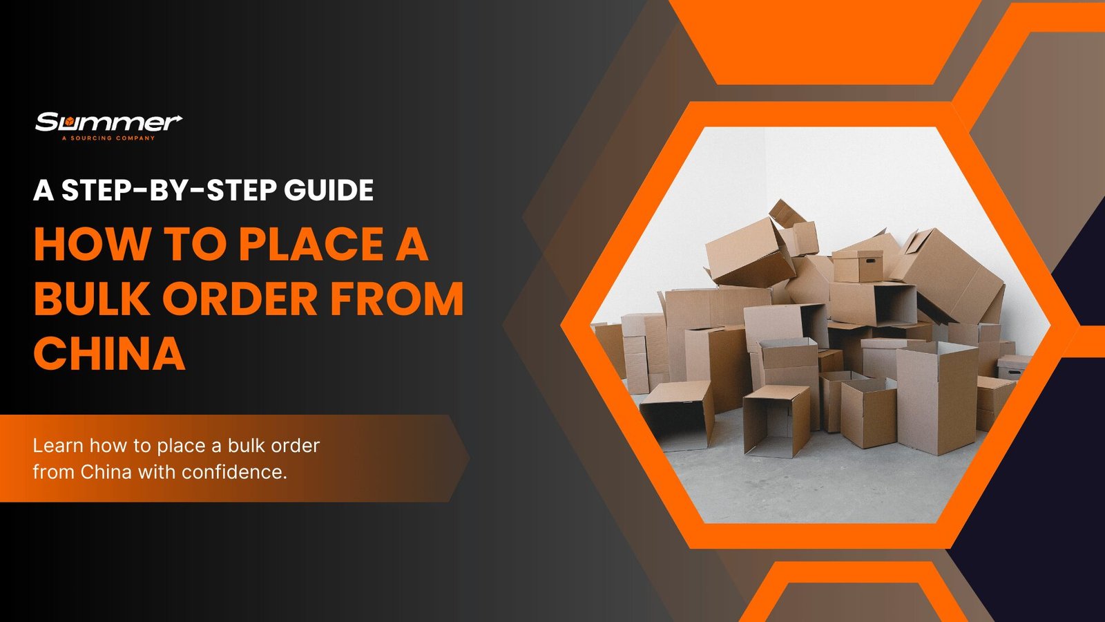 Stack of cardboard boxes representing bulk order from China with Summer sourcing company branding and step-by-step guide title