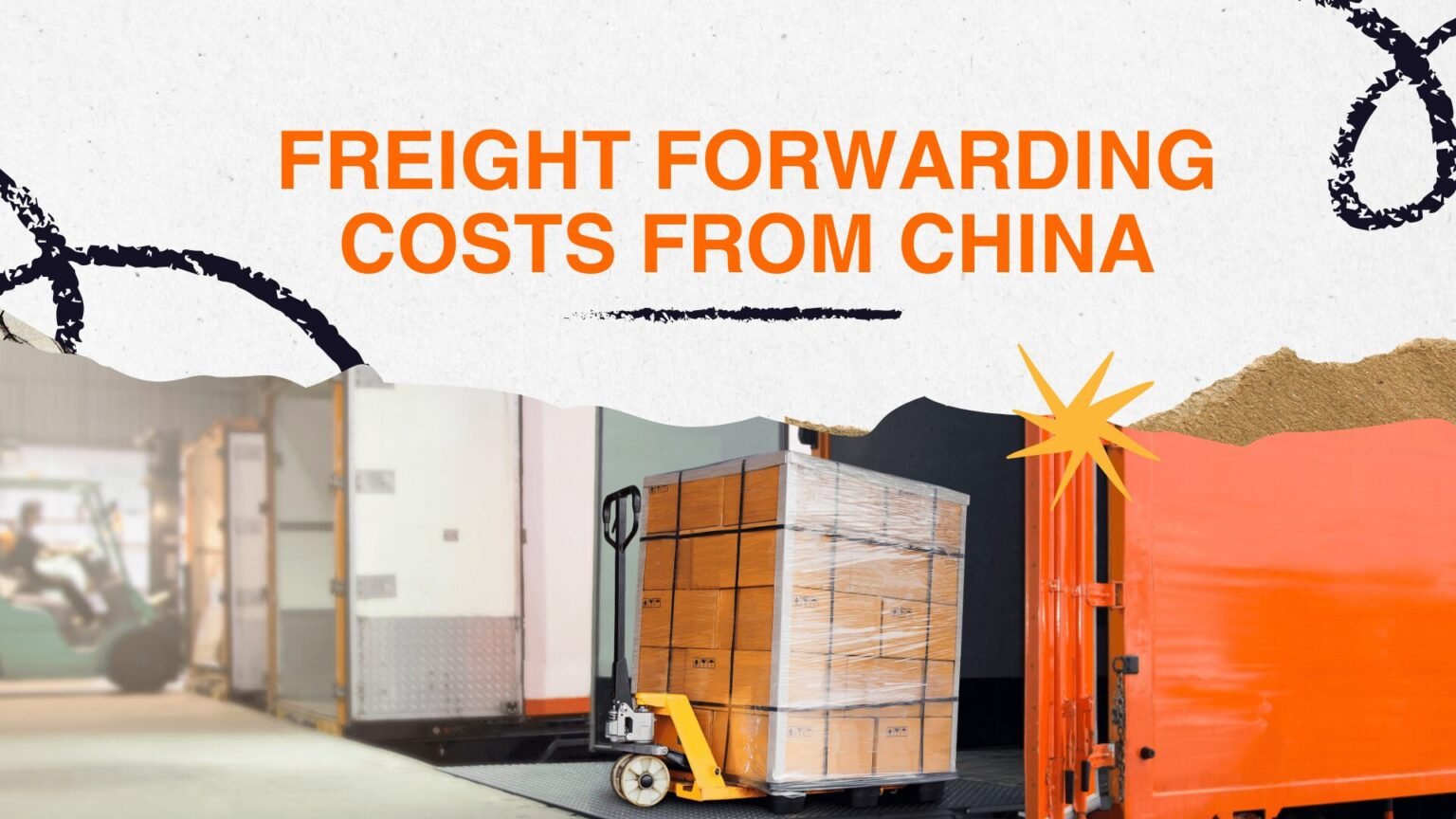 Palletized cargo ready for freight forwarding from China in modern warehouse with shipping container and pallet jack